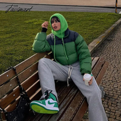 Tavimart Women Fashion Patchwork Loose Bomber Jacket Coat Y2K Vintage Long Sleeve Zipper Warm Parkas Female Outerwear Winter Women Coats