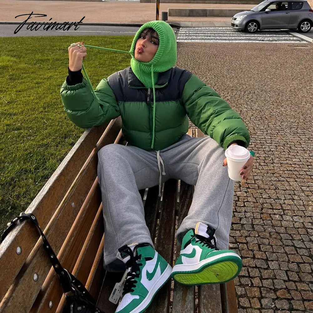 Tavimart Women Fashion Patchwork Loose Bomber Jacket Coat Y2K Vintage Long Sleeve Zipper Warm Parkas Female Outerwear Winter Women Coats