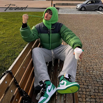 Tavimart Women Fashion Patchwork Loose Bomber Jacket Coat Y2K Vintage Long Sleeve Zipper Warm Parkas Female Outerwear Winter Women Coats