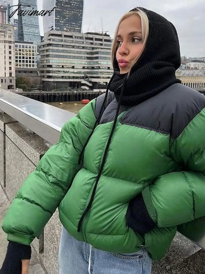 Tavimart Women Fashion Patchwork Loose Bomber Jacket Coat Y2K Vintage Long Sleeve Zipper Warm Parkas Female Outerwear Winter Women Coats