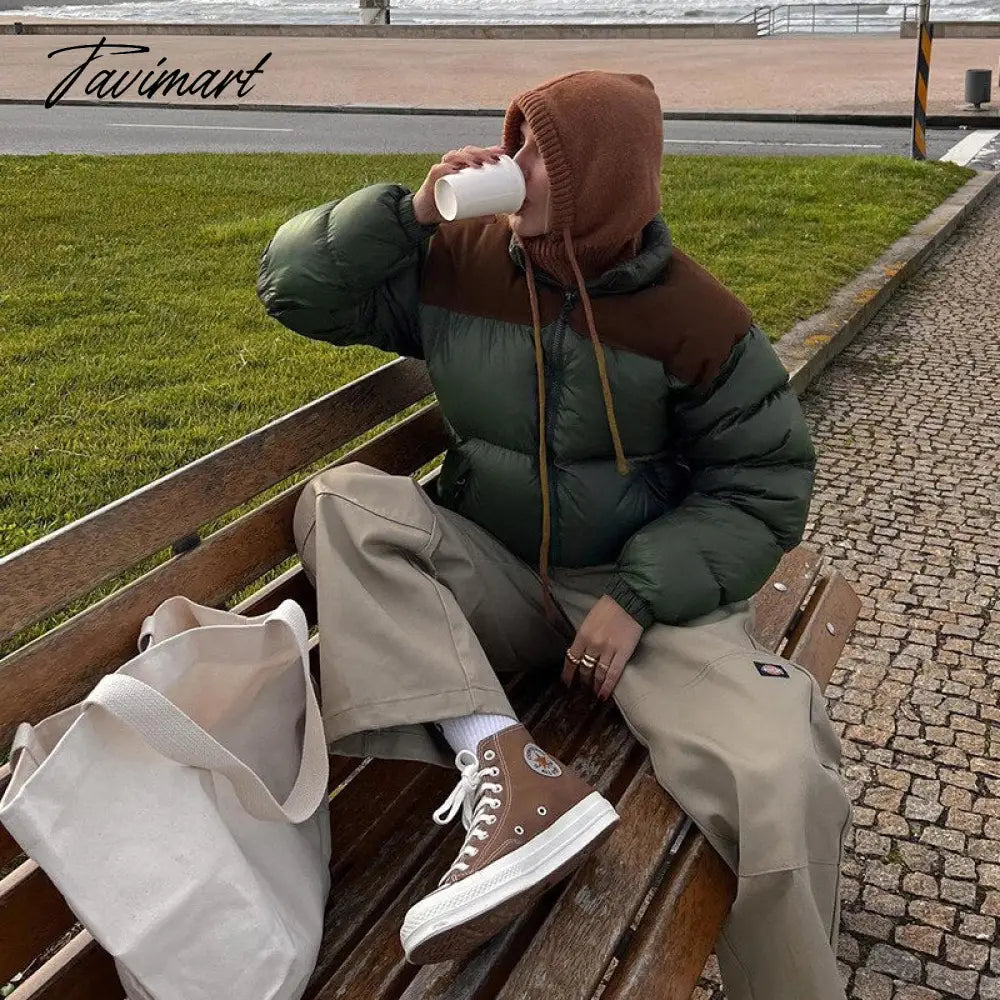 Tavimart Women Fashion Patchwork Loose Bomber Jacket Coat Y2K Vintage Long Sleeve Zipper Warm Parkas Female Outerwear Winter Women Coats