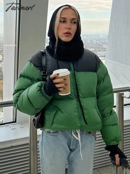 Tavimart Women Fashion Patchwork Loose Bomber Jacket Coat Y2K Vintage Long Sleeve Zipper Warm Parkas Female Outerwear Winter Women Coats