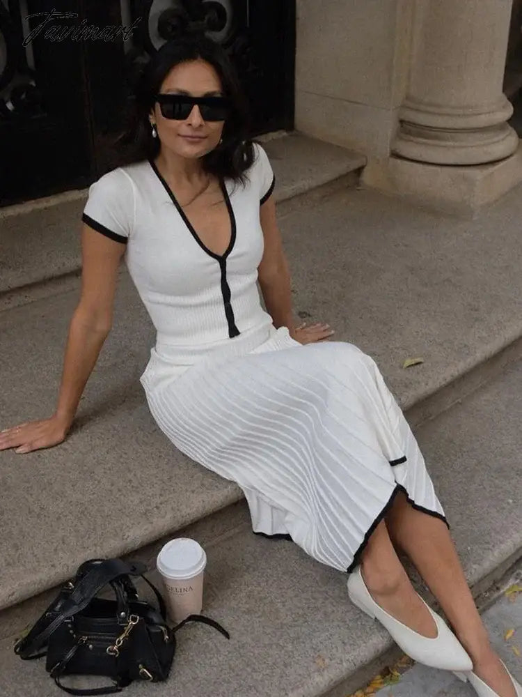 Women Knitted 2 Pieces Sets Short Sleeve Crop Top Long Skirts Outfits Sets Knitwear Slim Fit Skirts Female Elegant Fashion