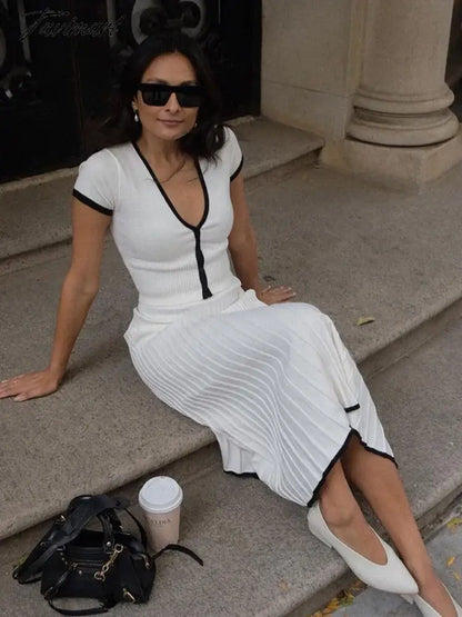 Women Knitted 2 Pieces Sets Short Sleeve Crop Top Long Skirts Outfits Sets Knitwear Slim Fit Skirts Female Elegant Fashion