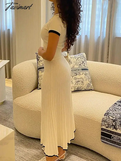 Women Knitted 2 Pieces Sets Short Sleeve Crop Top Long Skirts Outfits Sets Knitwear Slim Fit Skirts Female Elegant Fashion