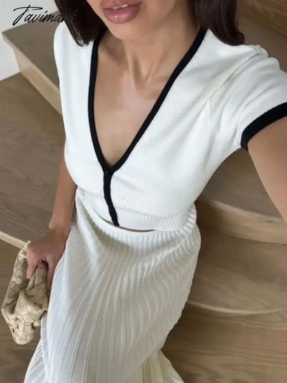 Women Knitted 2 Pieces Sets Short Sleeve Crop Top Long Skirts Outfits Sets Knitwear Slim Fit Skirts Female Elegant Fashion