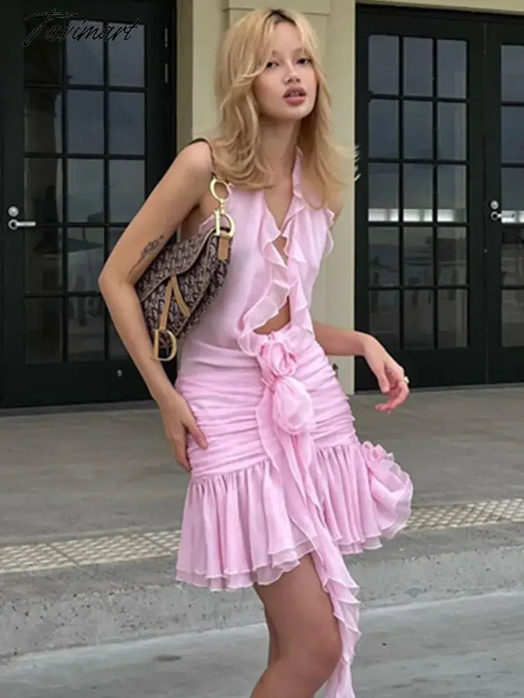 Women Summer Luxury Sexy Deep V Neck Backless Halter Ruffles Yellow Pink Mini Gowns Dress Elegant Evening Party Club Dress