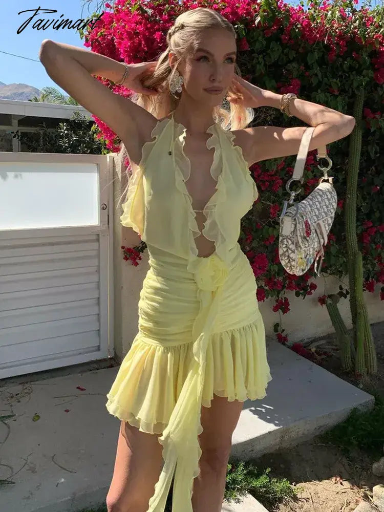 Women Summer Luxury Sexy Deep V Neck Backless Halter Ruffles Yellow Pink Mini Gowns Dress Elegant Evening Party Club Dress