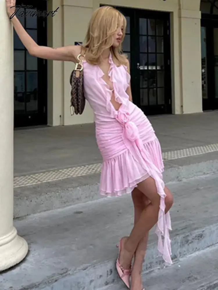 Women Summer Luxury Sexy Deep V Neck Backless Halter Ruffles Yellow Pink Mini Gowns Dress Elegant Evening Party Club Dress