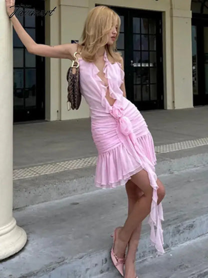Women Summer Luxury Sexy Deep V Neck Backless Halter Ruffles Yellow Pink Mini Gowns Dress Elegant Evening Party Club Dress