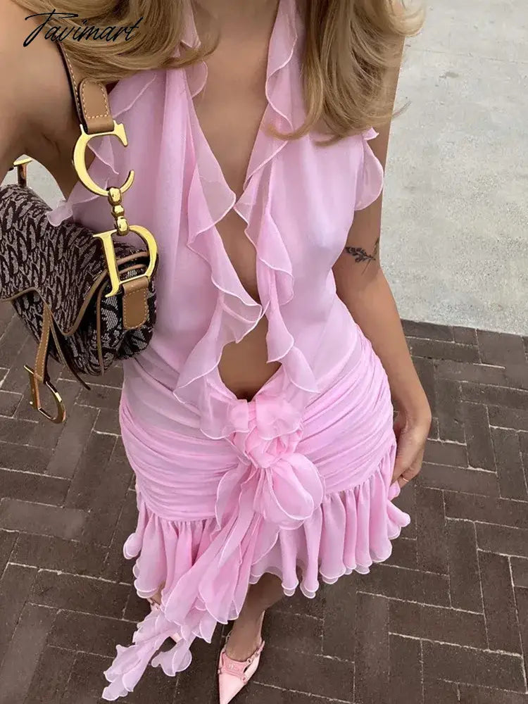Women Summer Luxury Sexy Deep V Neck Backless Halter Ruffles Yellow Pink Mini Gowns Dress Elegant Evening Party Club Dress