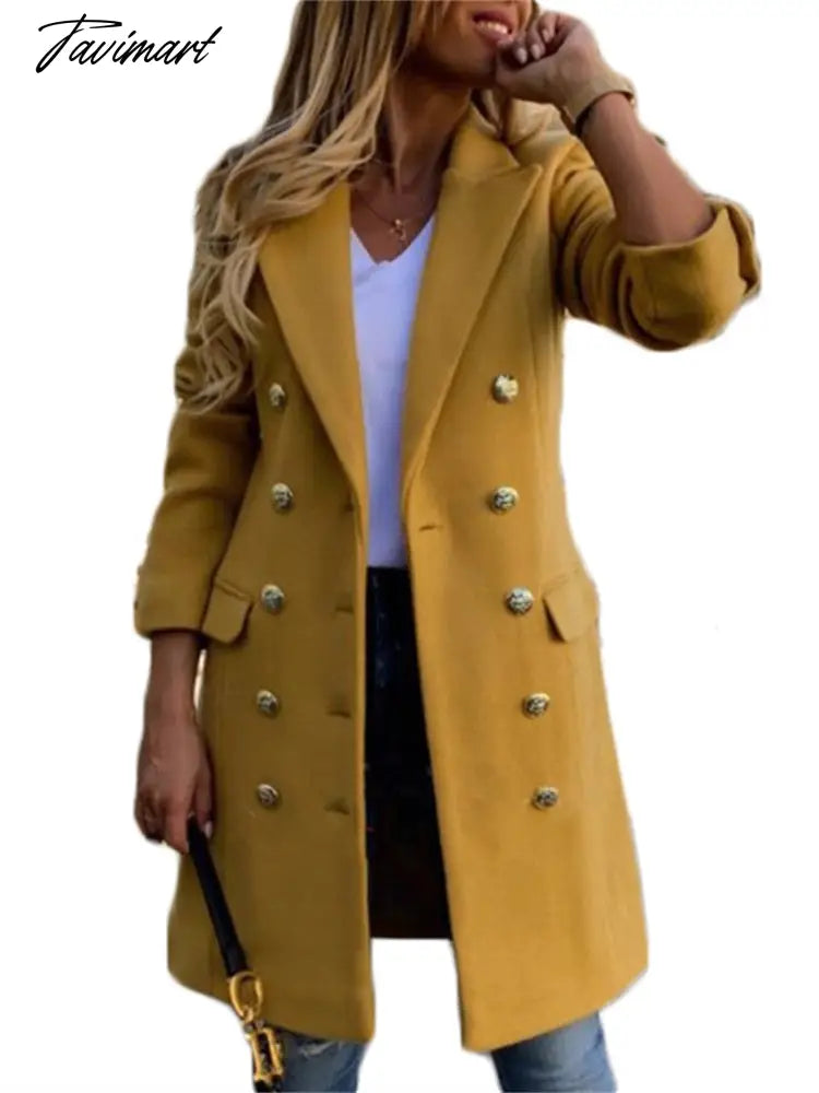 Tavimart Woolen Coat Women Spring New Fashion Long Yellow Black Suit Collar Blends Jacket Female Clothing Many Button