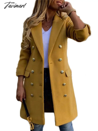 Tavimart Woolen Coat Women Spring New Fashion Long Yellow Black Suit Collar Blends Jacket Female Clothing Many Button