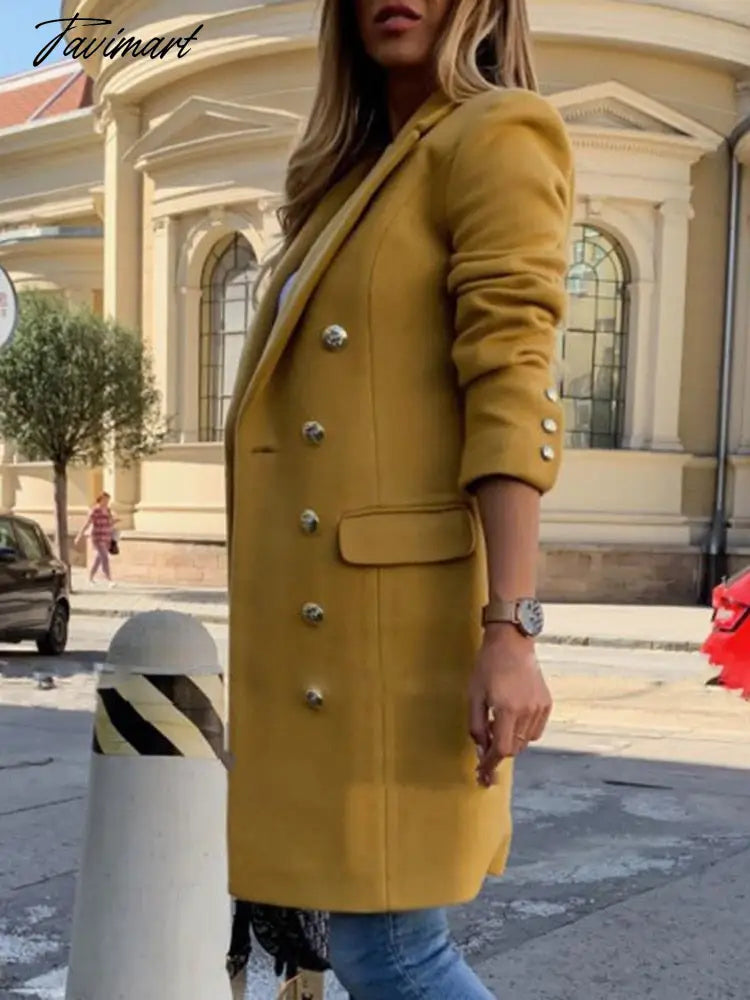 Tavimart Woolen Coat Women Spring New Fashion Long Yellow Black Suit Collar Blends Jacket Female Clothing Many Button