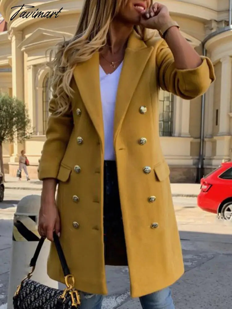 Tavimart Woolen Coat Women Spring New Fashion Long Yellow Black Suit Collar Blends Jacket Female Clothing Many Button