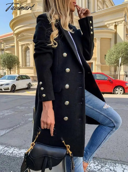 Tavimart Woolen Coat Women Spring New Fashion Long Yellow Black Suit Collar Blends Jacket Female