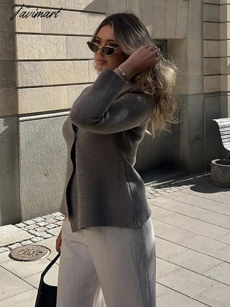 Tavimart Woolen Coats Women Vintage Wool Blends Jacket Autumn Female Casual V-neck Long Sleeve Outerwear Lady Elegant Fashion Loose Coats