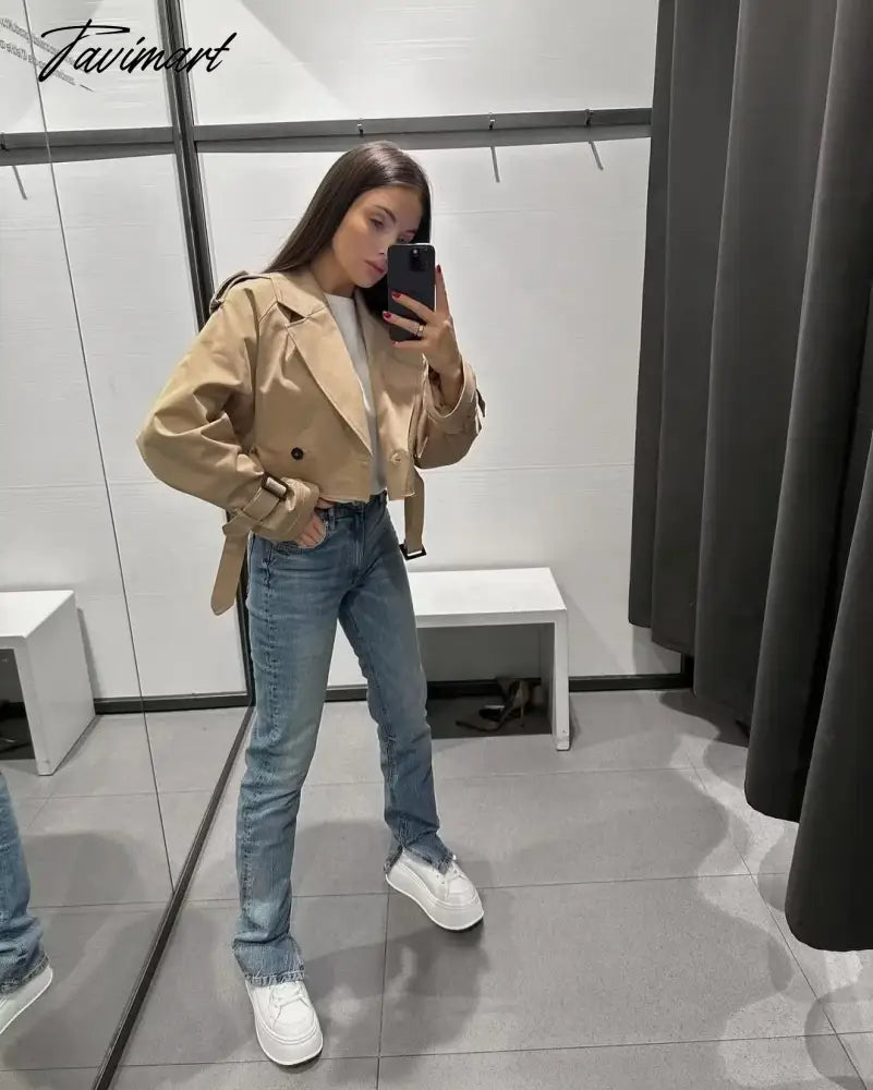 Tavimart Y2K New European and American Style Women's Short Cut Windbreaker Belt Coat Jacket Women