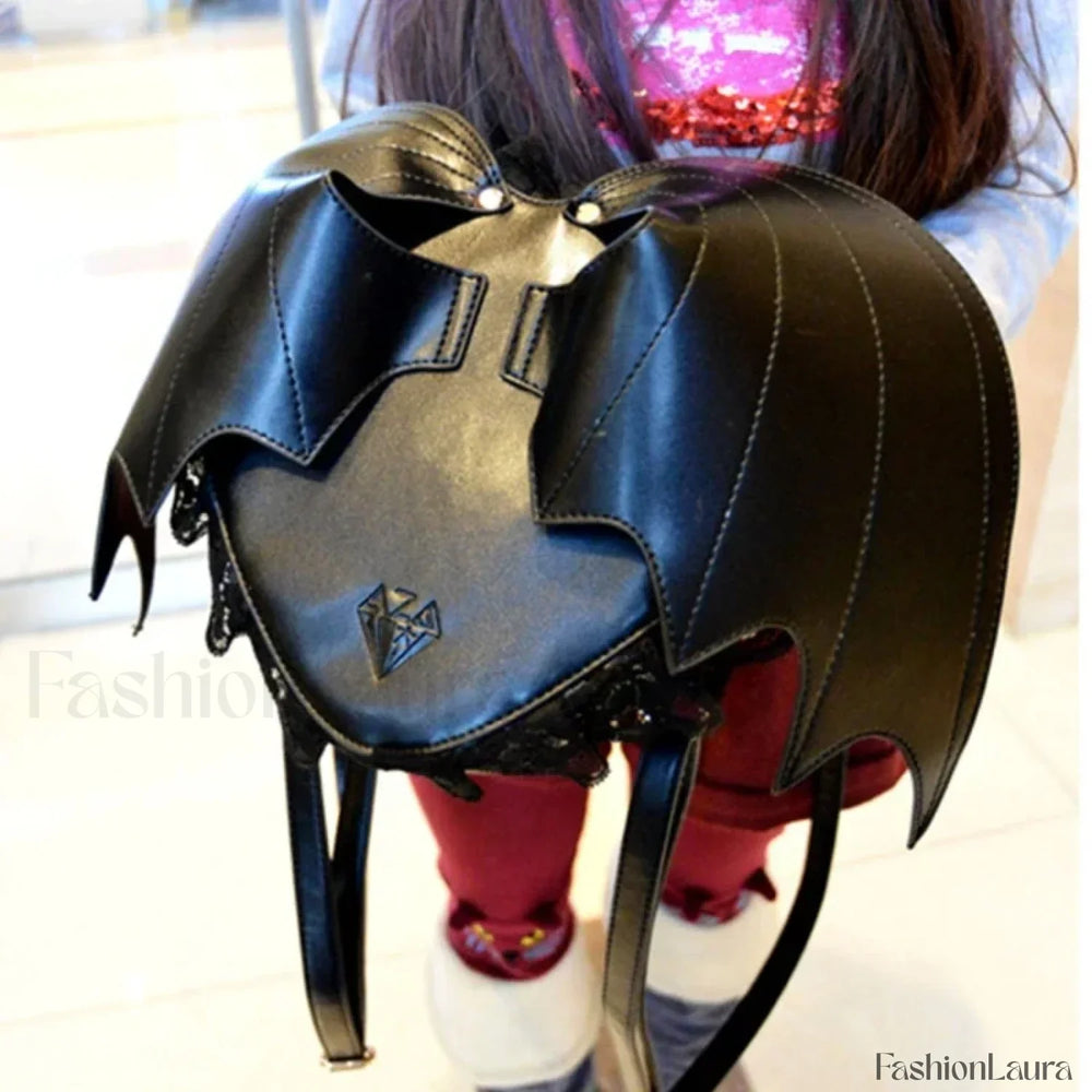 Trendy Daypack Bat PU Shopping Dating Lace Wing Gothic Backpack Bag Black