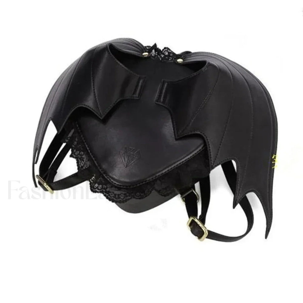 Trendy Daypack Bat PU Shopping Dating Lace Wing Gothic Backpack Bag Black