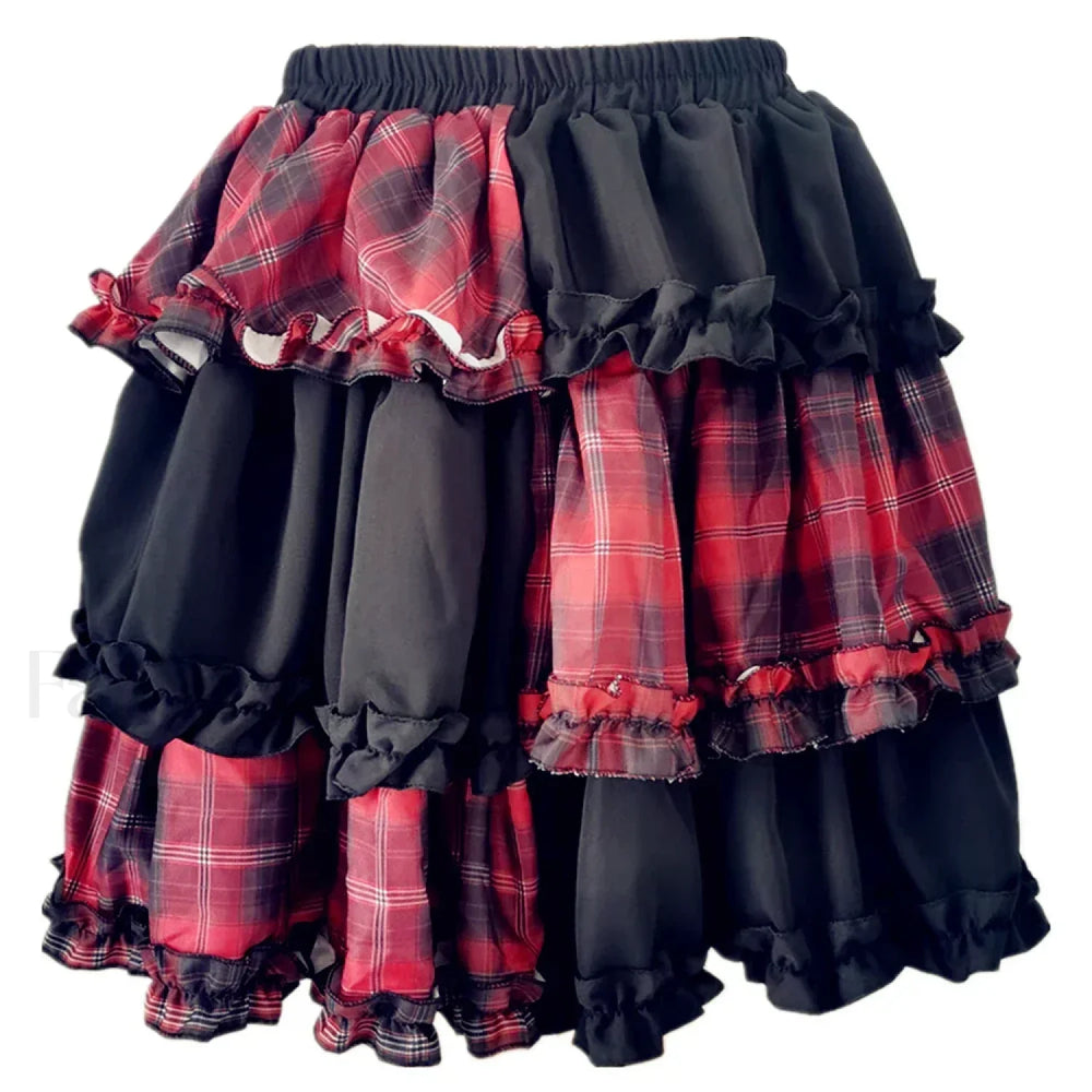 Two Dimensional Dark Petticoat Cosplay Skirt: Red Plaid Stitching High Waist A line Design for Spice Girls RED / One