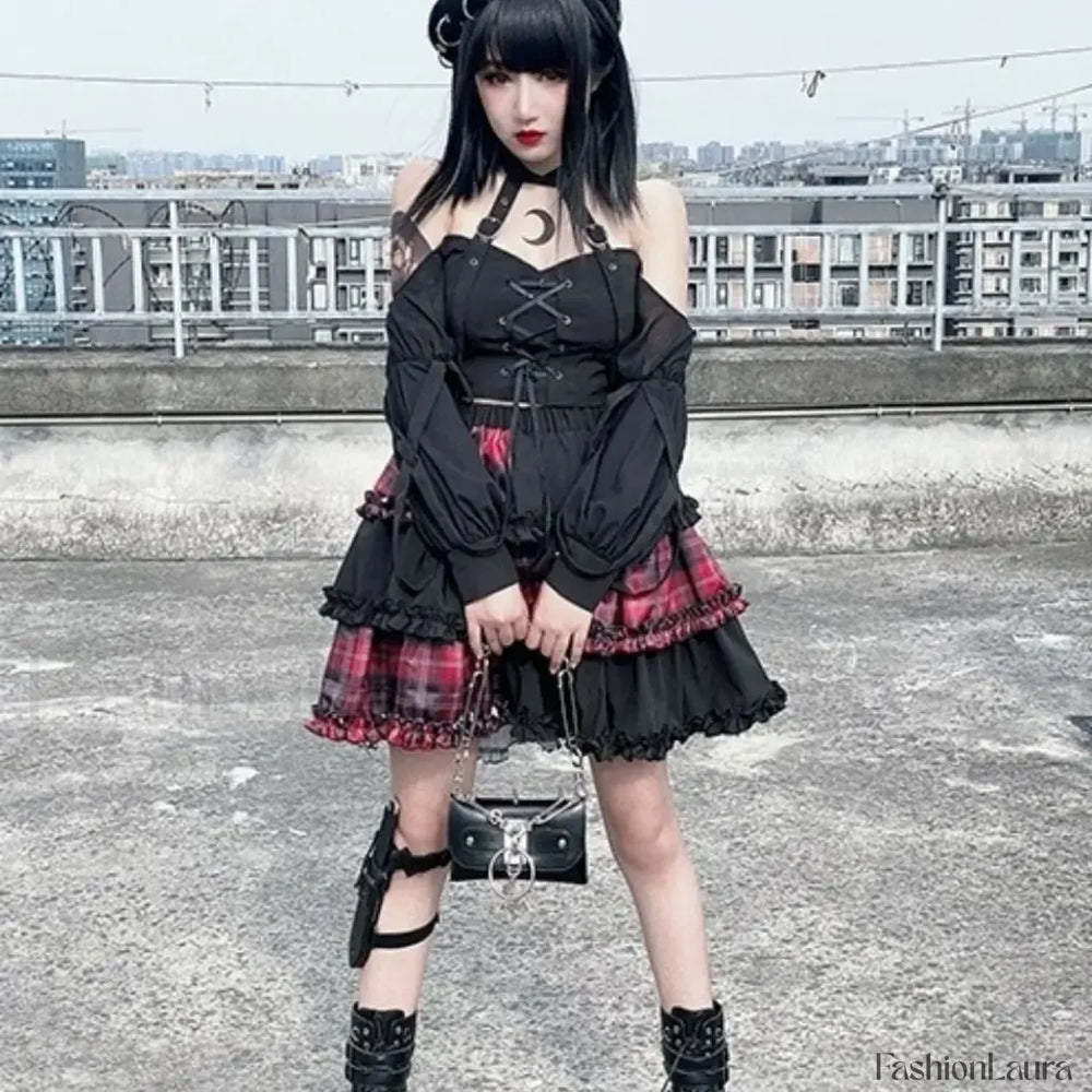 Two Dimensional Dark Petticoat Cosplay Skirt: Red Plaid Stitching High Waist A line Design for Spice Girls RED / One
