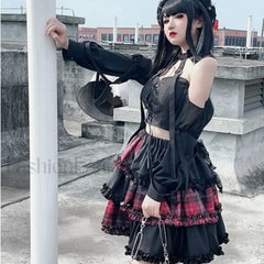 Two Dimensional Dark Petticoat Cosplay Skirt: Red Plaid Stitching High Waist A line Design for Spice Girls RED / One