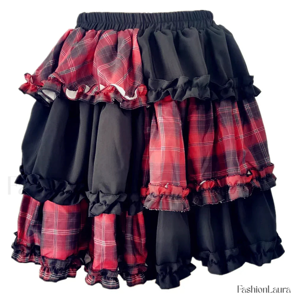 Two Dimensional Dark Petticoat Cosplay Skirt: Red Plaid Stitching High Waist A line Design for Spice Girls RED / One