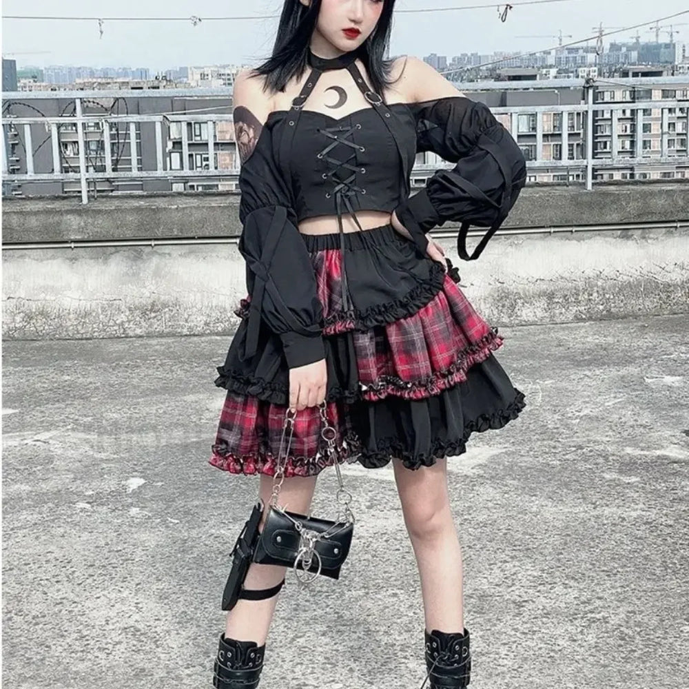 Two Dimensional Dark Petticoat Cosplay Skirt: Red Plaid Stitching High Waist A line Design for Spice Girls RED / One