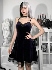 Velvet Corset Spaghetti Waist in Lace Trim Moon Colorful Backless A Line Pendant Strap Sleeveless Dress
