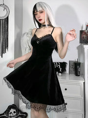 Velvet Corset Spaghetti Waist in Lace Trim Moon Colorful Backless A Line Pendant Strap Sleeveless Dress