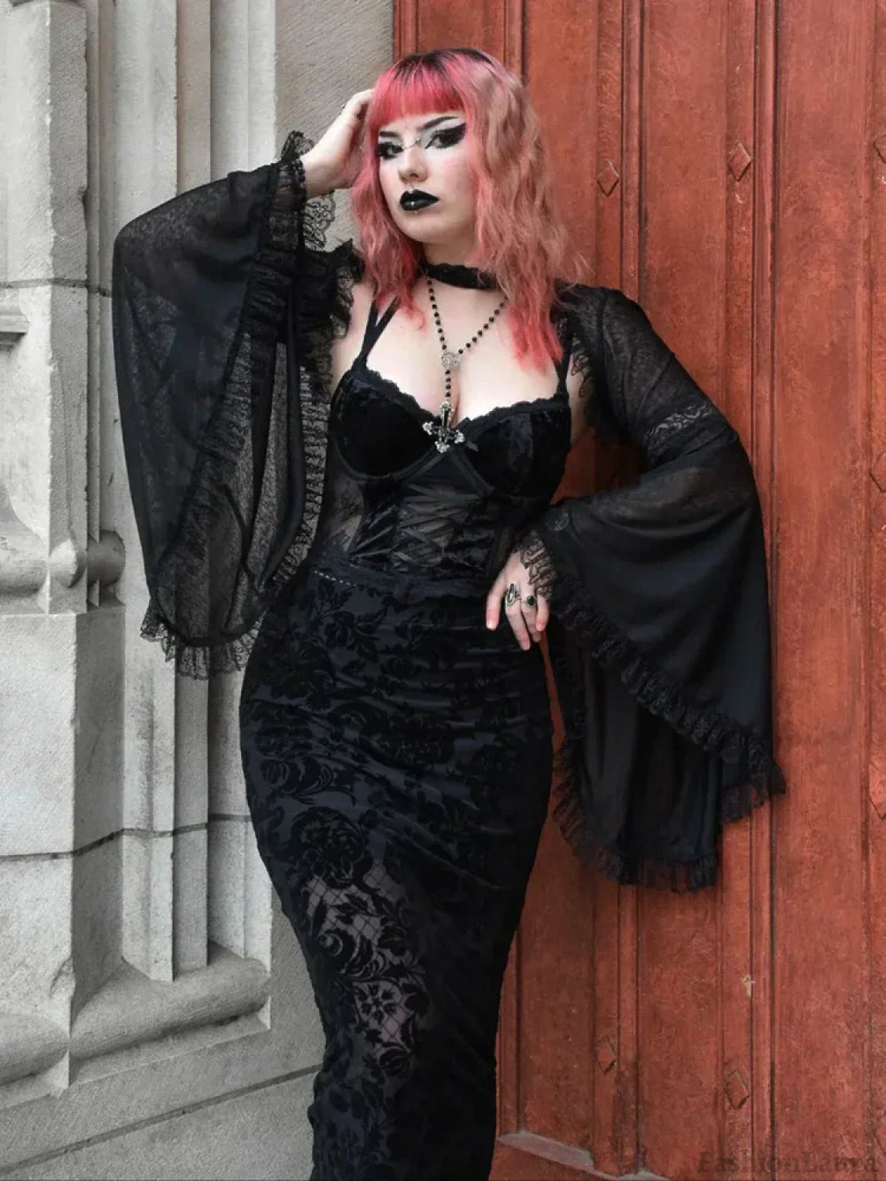 Velvet Lace Corset Bandage Midi Gothic Harajuku Street Mesh Print Sling Club Dress Dress / S