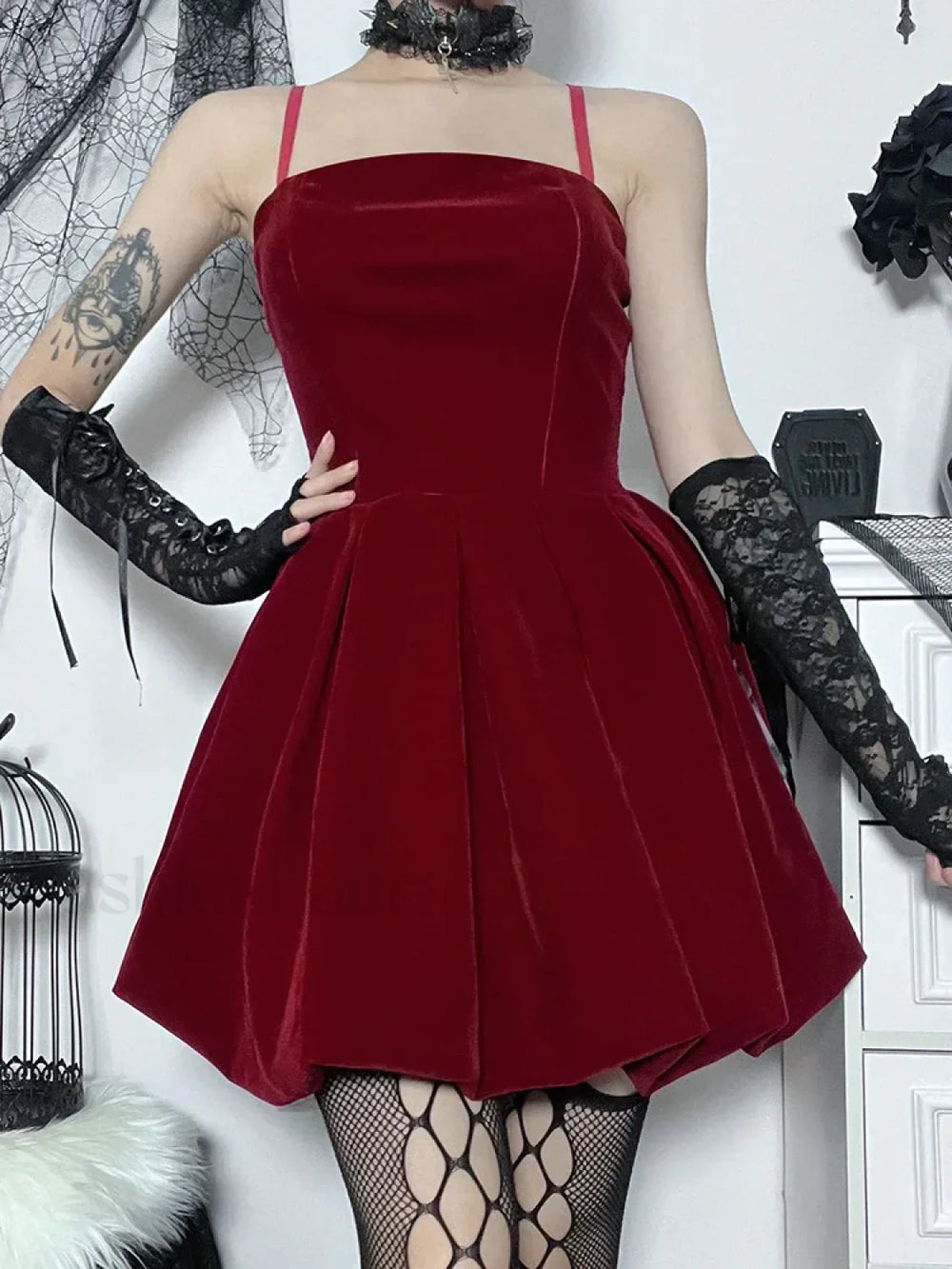 Velvet Solid Shirring High Waist Straps A Line Party Mini Elegant New Year Dress