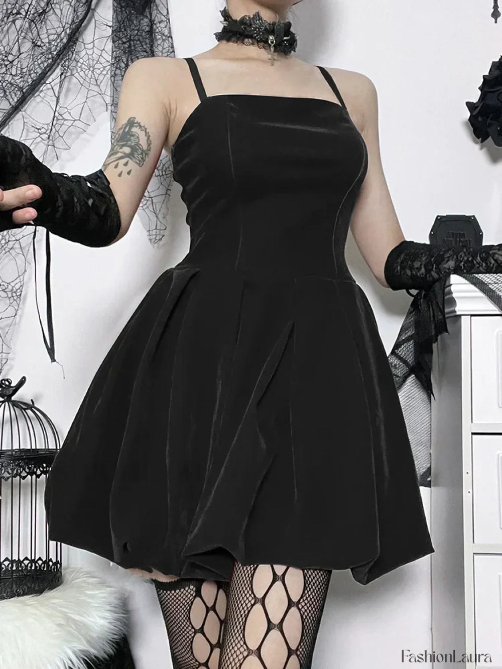 Velvet Solid Shirring High Waist Straps A Line Party Mini Elegant New Year Dress Black / S