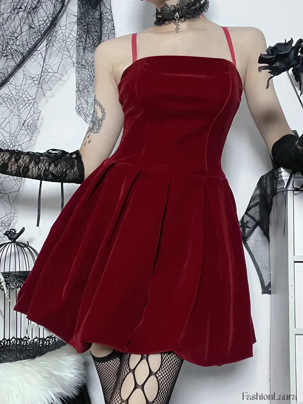 Velvet Solid Shirring High Waist Straps A Line Party Mini Elegant New Year Dress Red / S