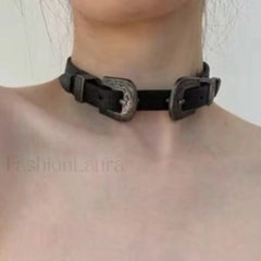 Vintage Metal Leather Y2K Gender Neutral Choker Necklace BLACK