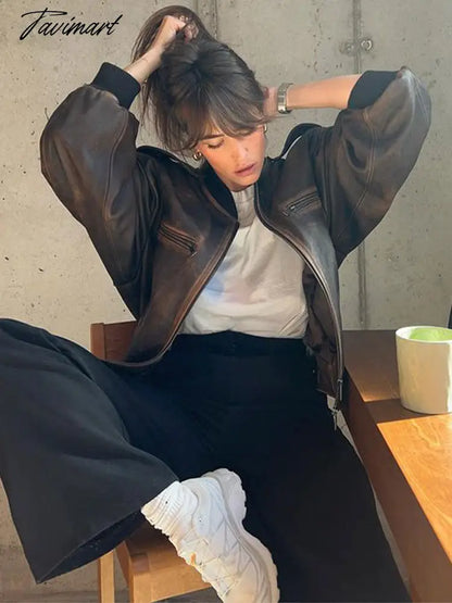 Vintage Zippered Pu Leather Jacket Coat For Women Round Neck Long Sleeved Pocket Coat Autumn Fashion Female Street Outwears