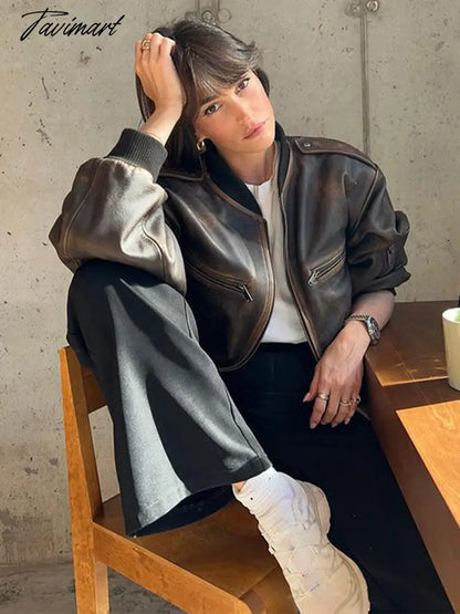 Vintage Zippered Pu Leather Jacket Coat For Women Round Neck Long Sleeved Pocket Coat Autumn Fashion Female Street Outwears