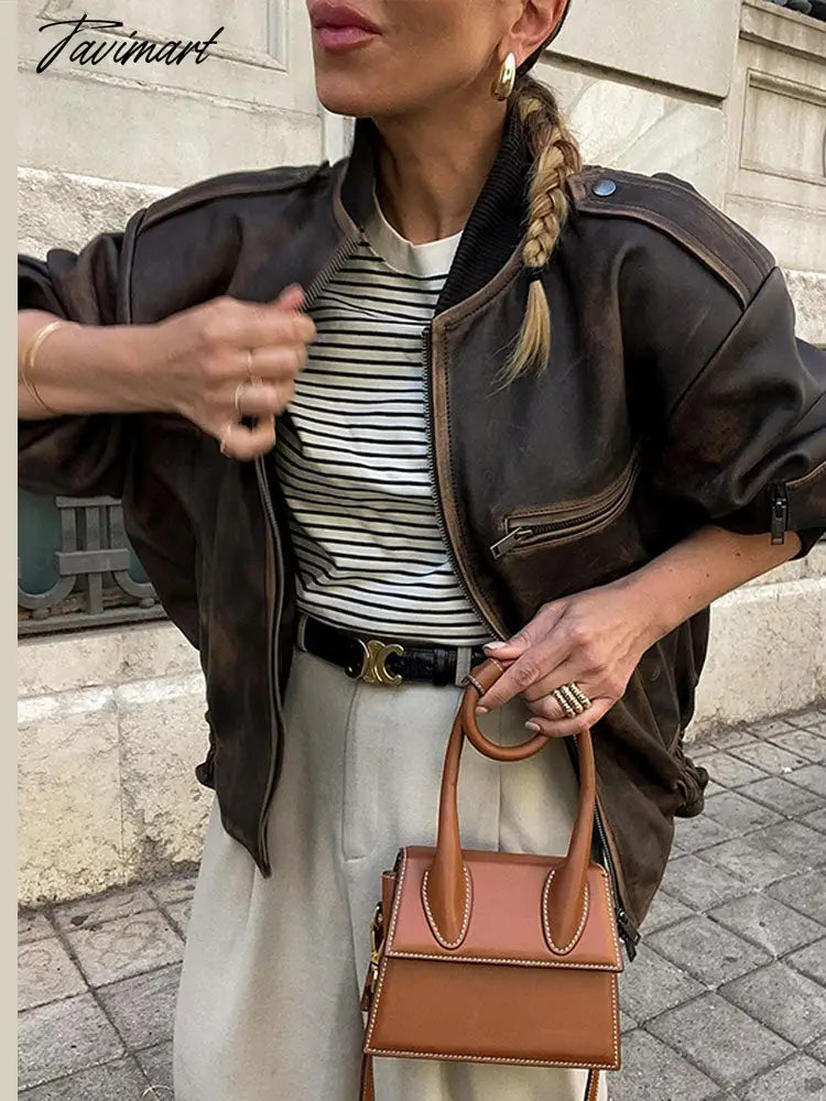 Vintage Zippered Pu Leather Jacket Coat For Women Round Neck Long Sleeved Pocket Coat Autumn Fashion Female Street Outwears