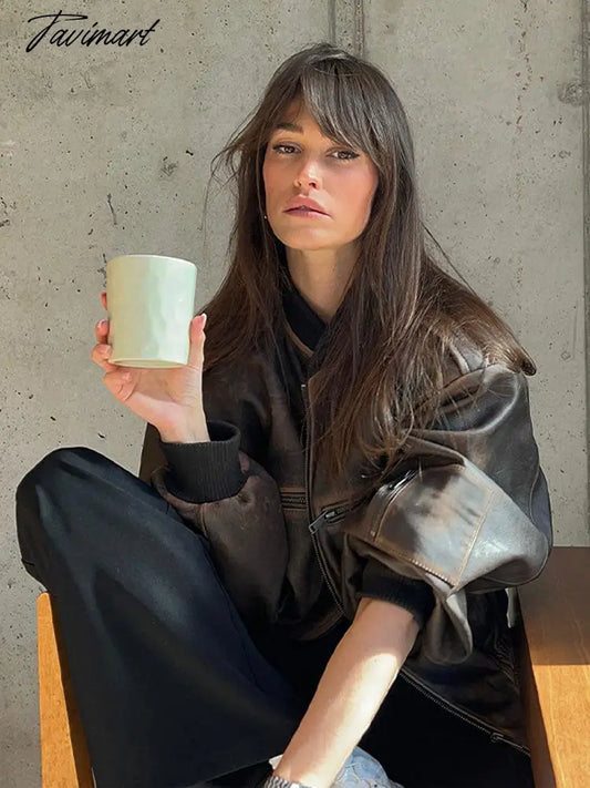 Vintage Zippered Pu Leather Jacket Coat For Women Round Neck Long Sleeved Pocket Coat Autumn Fashion Female Street Outwears