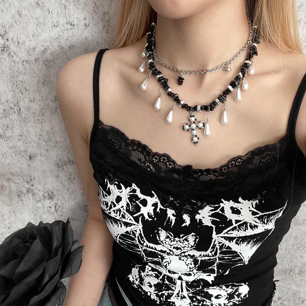 Water Cross Irregular Pearl Beaded Drop Necklace BLACK
