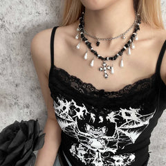 Water Cross Irregular Pearl Beaded Drop Necklace BLACK