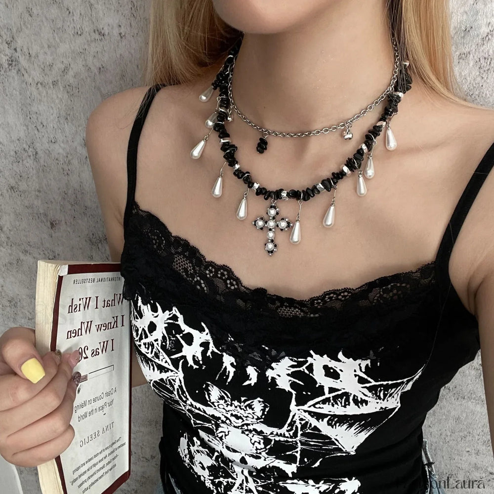 Water Cross Irregular Pearl Beaded Drop Necklace BLACK