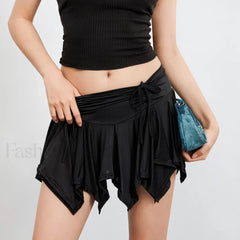 Women Solid Tie Up Drawstring Color Irregular Mini Summer Ruffles Gothic Ruched Skirt