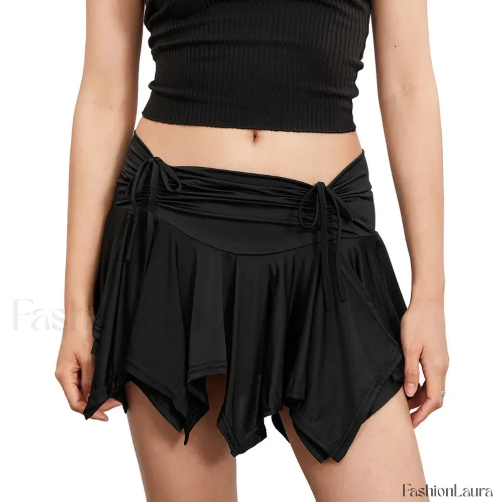 Women Solid Tie Up Drawstring Color Irregular Mini Summer Ruffles Gothic Ruched Skirt BLACK / S