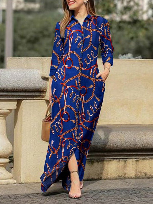Print Lapel Button Long Sleeve Dress