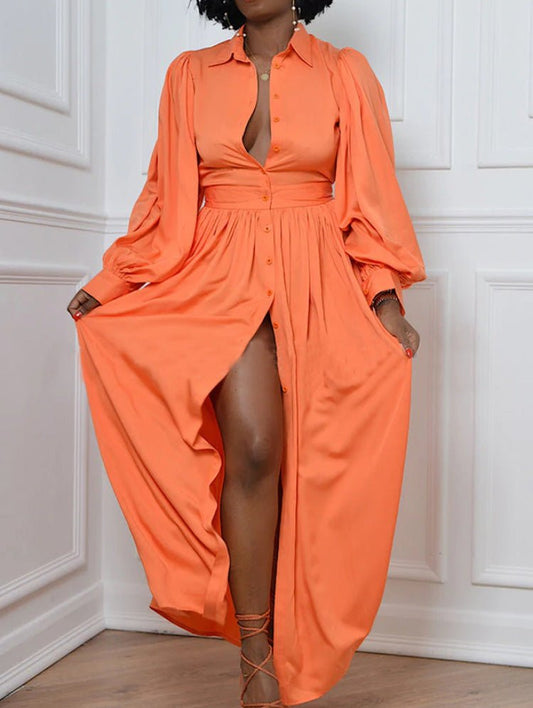 Solid Button Sleeve Shirt Dress