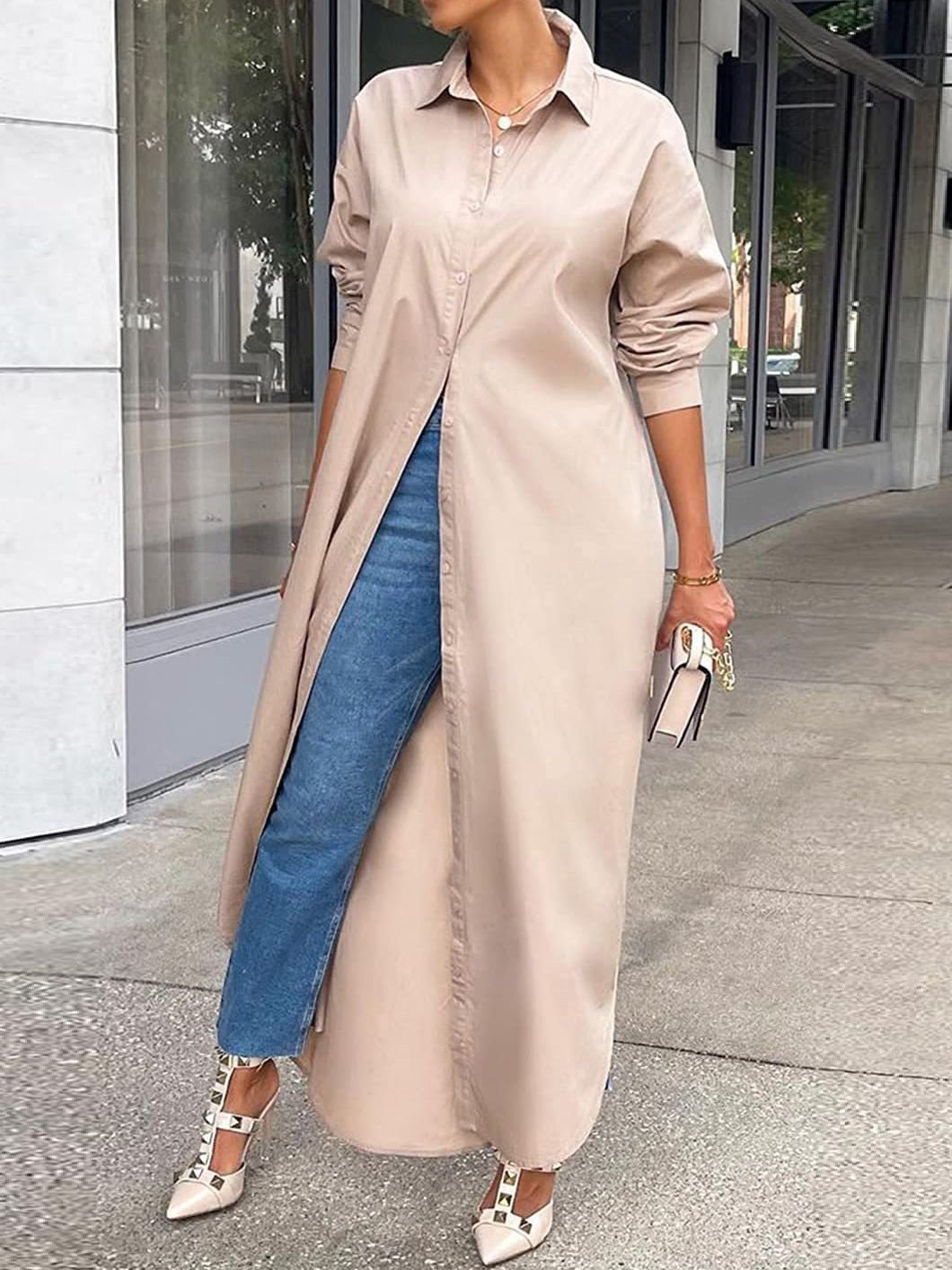 Long Sleeve Slit Shirt Dress