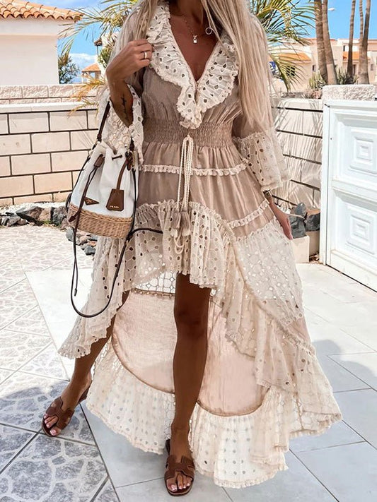 V-Neck Lace Ruffle Irregular Dress