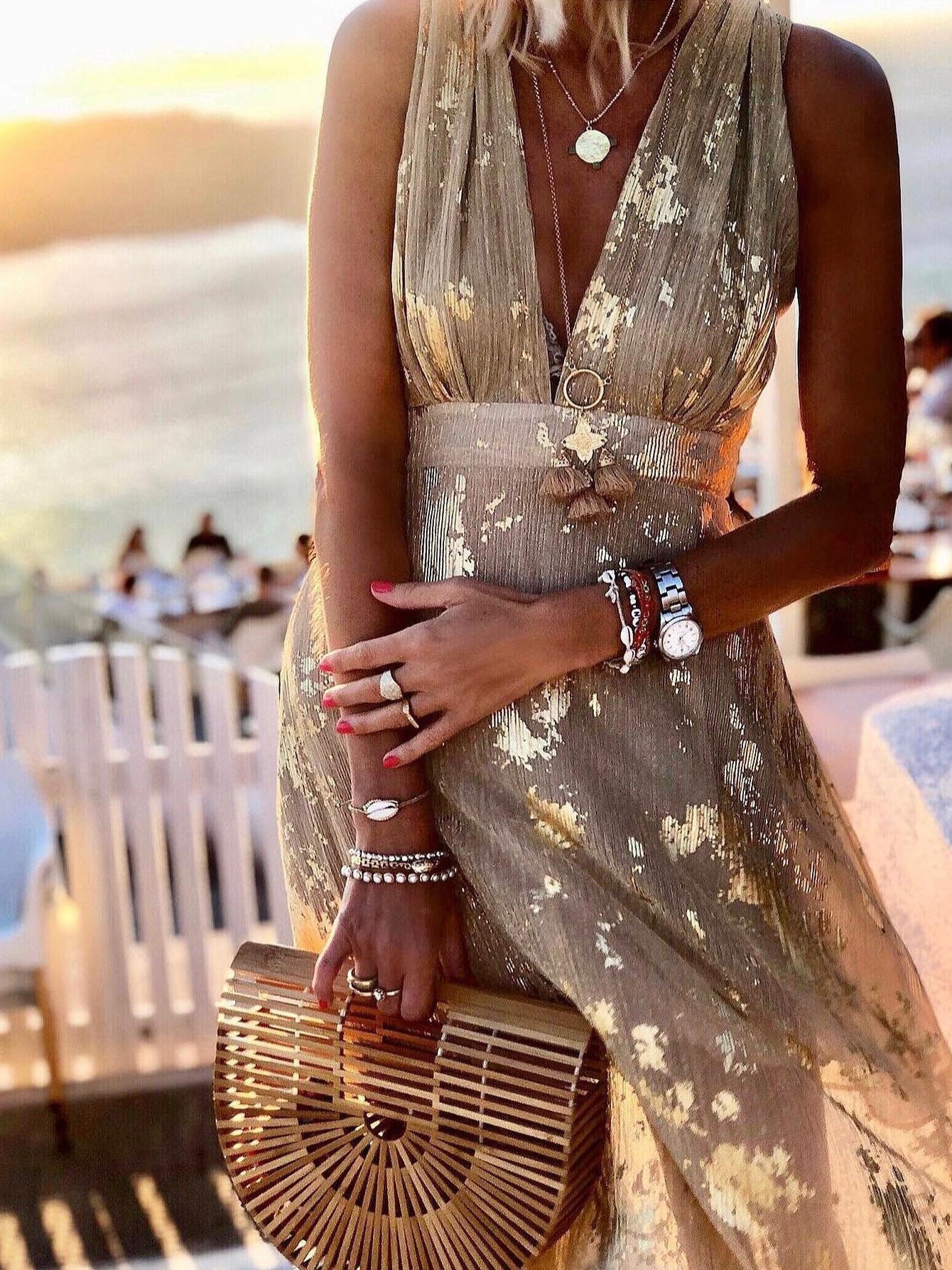 V-Neck Print Hot Stamping Dress